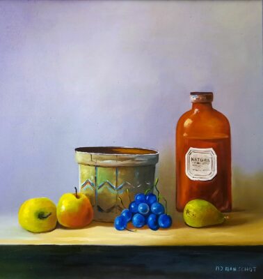 Nature morte avec bouteille et fruits.