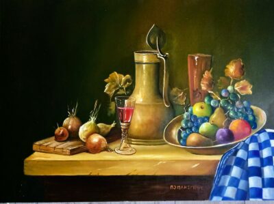 Still life with fruit bowl and pottery jug.