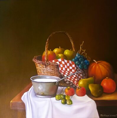 Still life basket with apples.