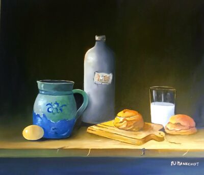 Nature morte avec sandwichs et pot de lait.